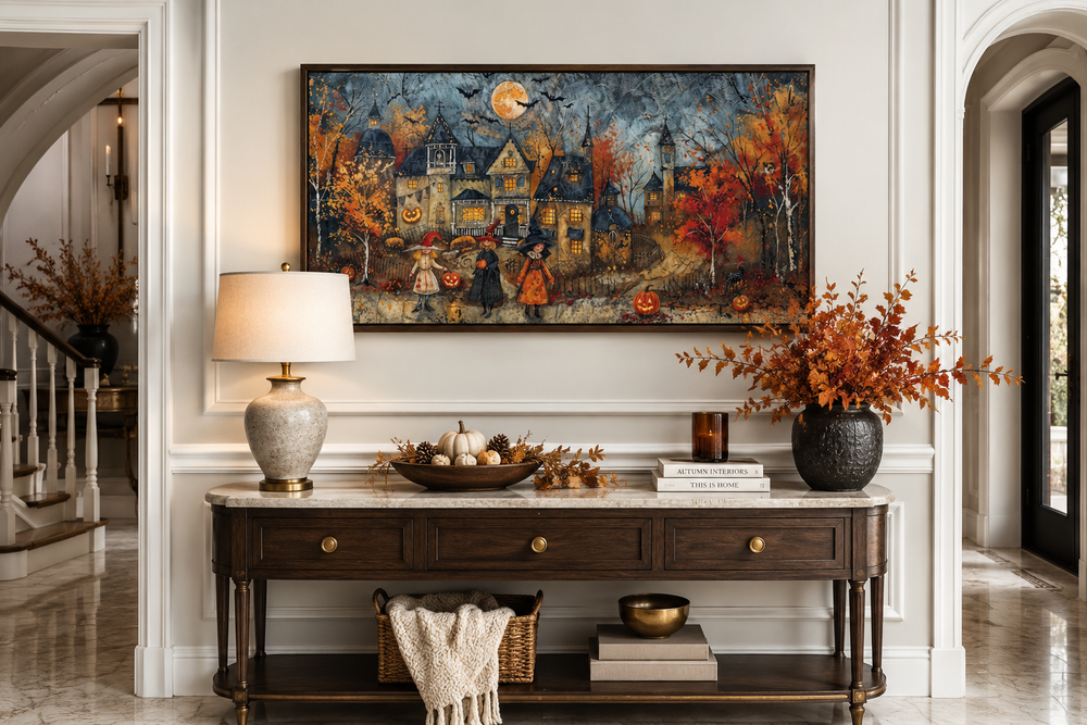 Framed canvas art of children trick-or-treating in a whimsical village above a console table.