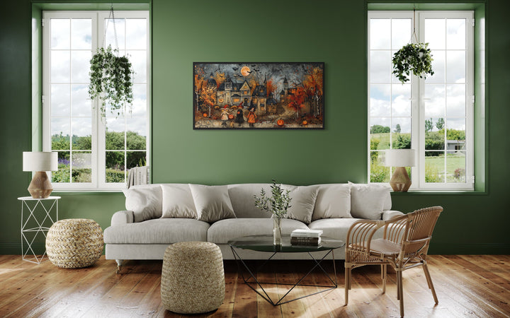 Halloween Wall Art – Cute Children Trick Or Treat Decorated Village Canvas