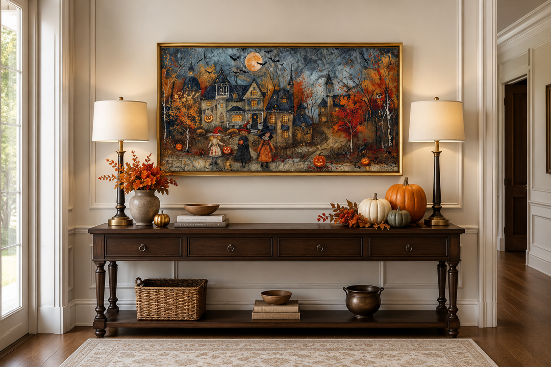 Framed Halloween canvas art of children trick-or-treating in a whimsical, decorated village.