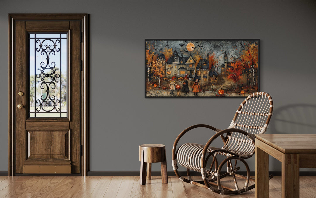 Halloween Wall Art – Cute Children Trick Or Treat Decorated Village Canvas