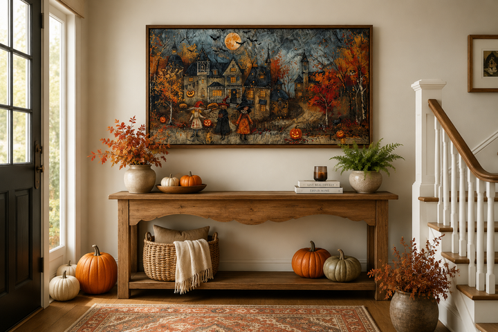 Framed Halloween wall art of children trick-or-treating in a whimsical village above a wood console.