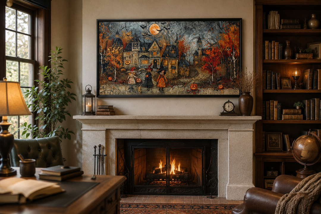 Halloween wall art of children trick-or-treating in a decorated village above a fireplace mantel.
