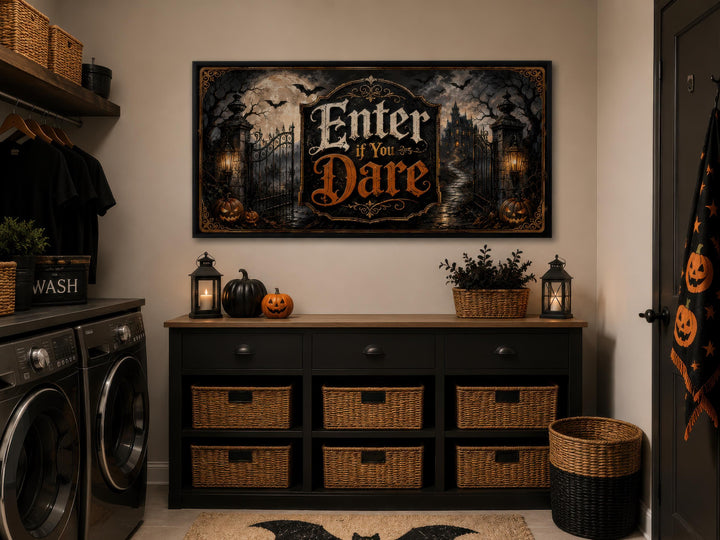Enter If You Dare Halloween wall art canvas above a black console table with spooky decor.