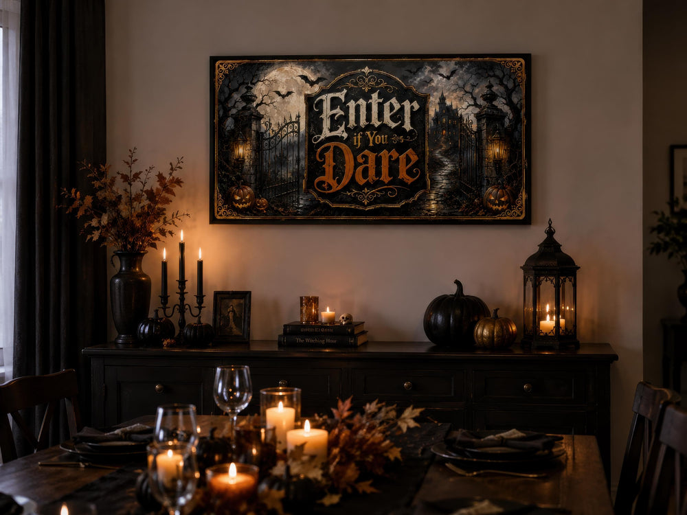 Enter If You Dare Halloween canvas print above a dark sideboard with pumpkins and candles.