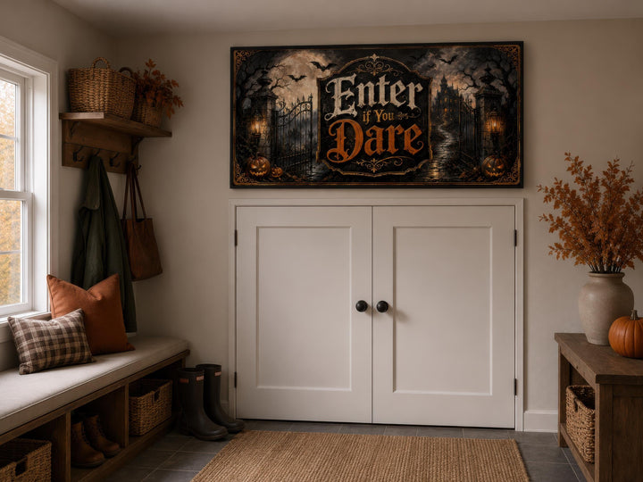 Enter If You Dare Halloween canvas wall art hanging above a closet in a cozy, decorated entryway.