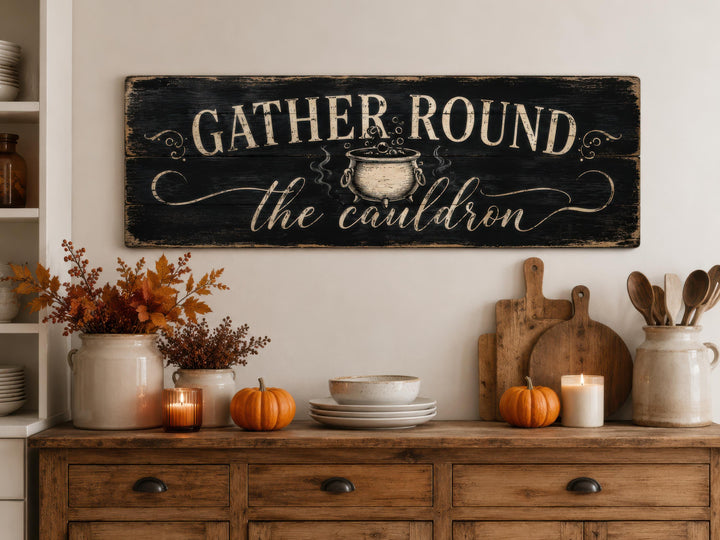 Distressed black wood sign reading 'Gather Round the Cauldron' above a rustic kitchen sideboard.