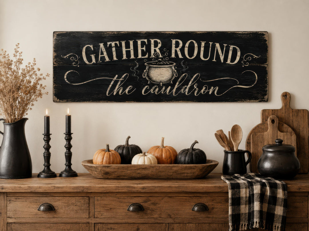Distressed black wood sign with white text reading 'Gather Round the cauldron' above a buffet.