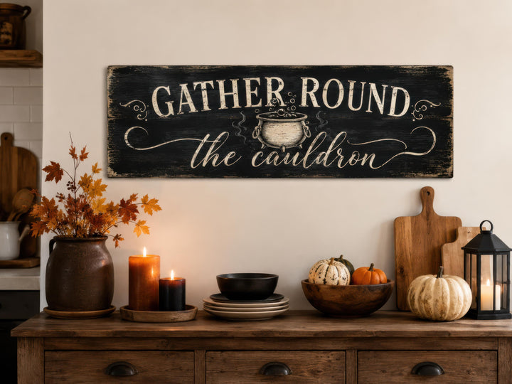 Rustic black wood sign with white text reading 'GATHER ROUND the cauldron' above a fall display.