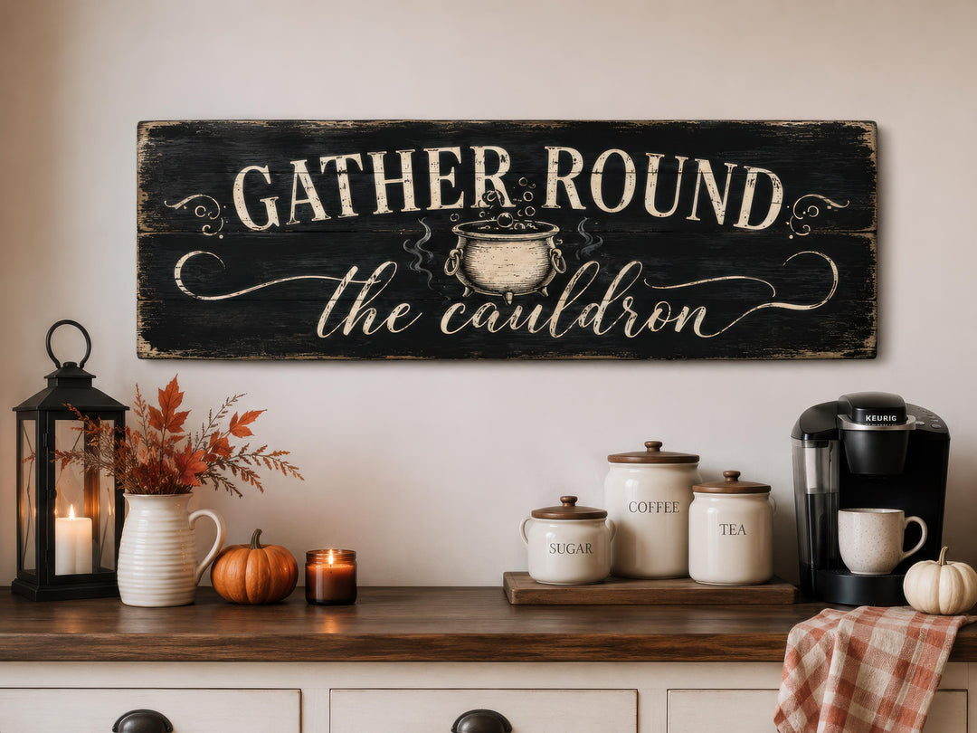 Distressed black wood sign reading 'GATHER ROUND the cauldron' above a fall-themed kitchen counter.