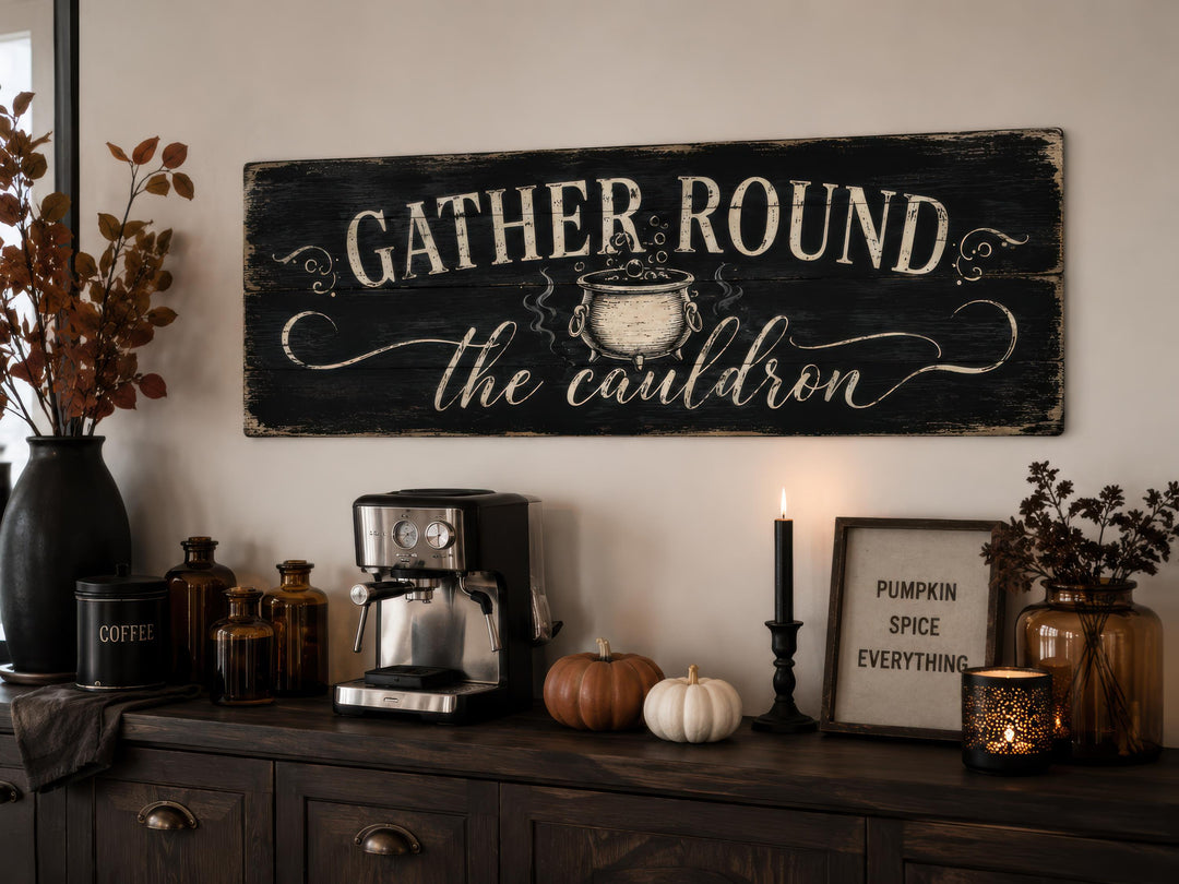 Distressed black wood sign with white text reading 'GATHER ROUND the cauldron' above a coffee bar.