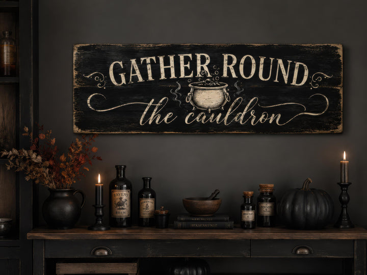 Distressed black wood sign reading 'GATHER ROUND the cauldron' above a witchy Halloween mantel.