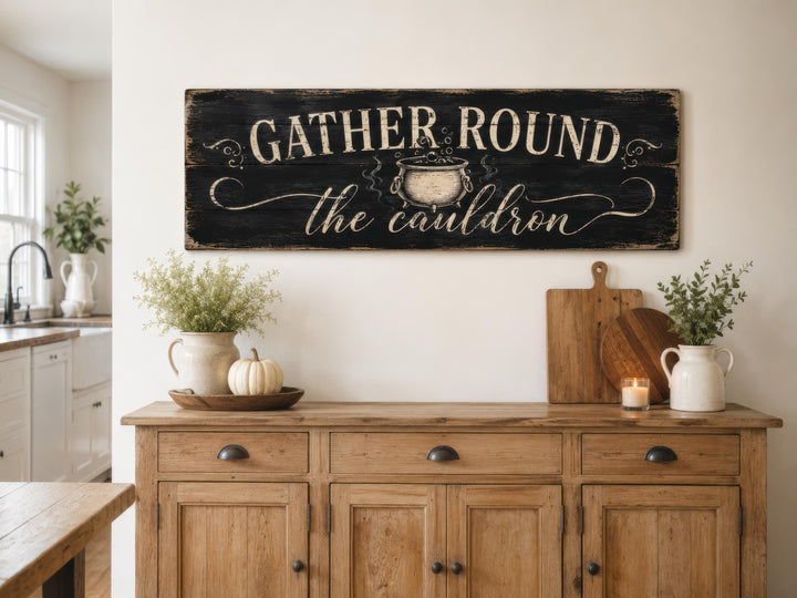 Rustic black wood sign with white text reading 'GATHER ROUND the cauldron' above a wooden sideboard.