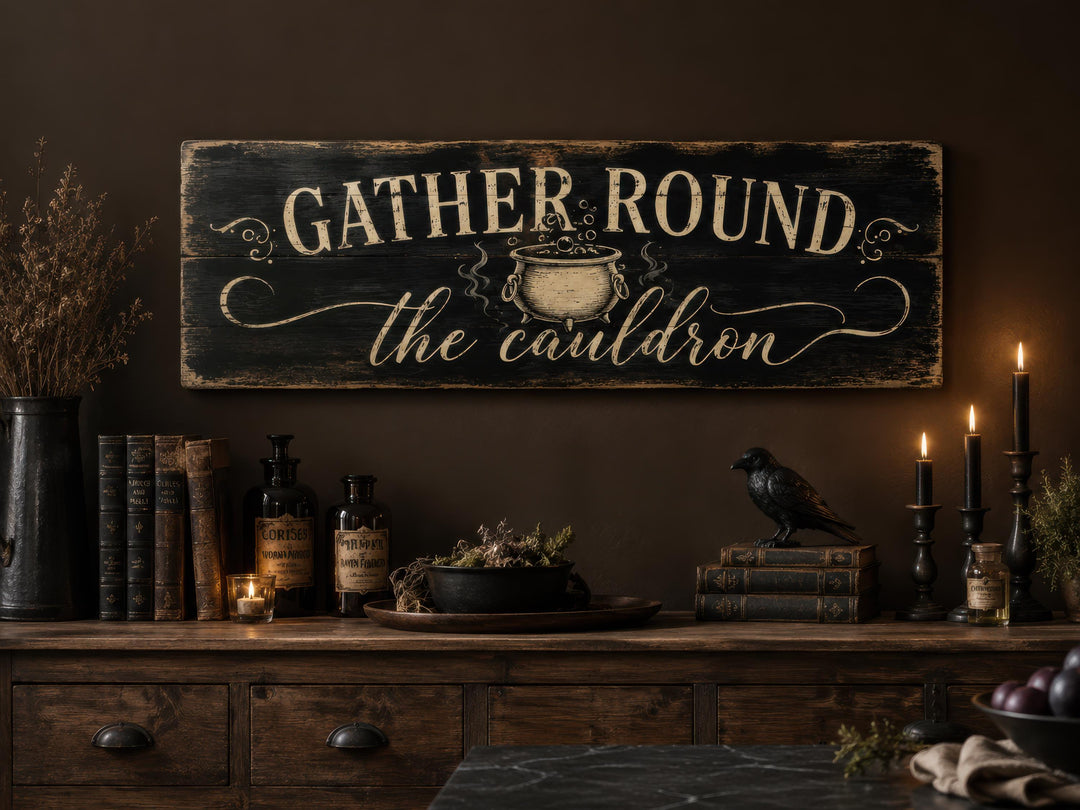 Distressed black wood sign with white text reading 'GATHER ROUND the cauldron' above a sideboard.