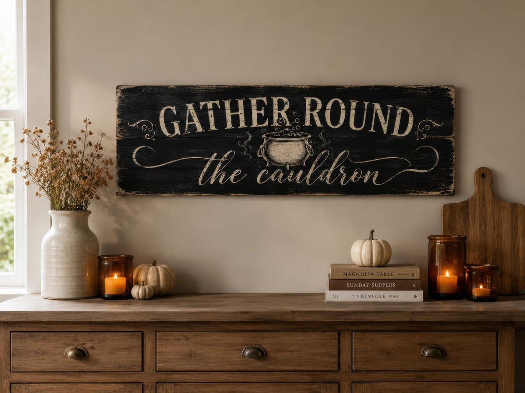 Distressed black wood sign with white text reading 'GATHER ROUND the cauldron' above a sideboard.