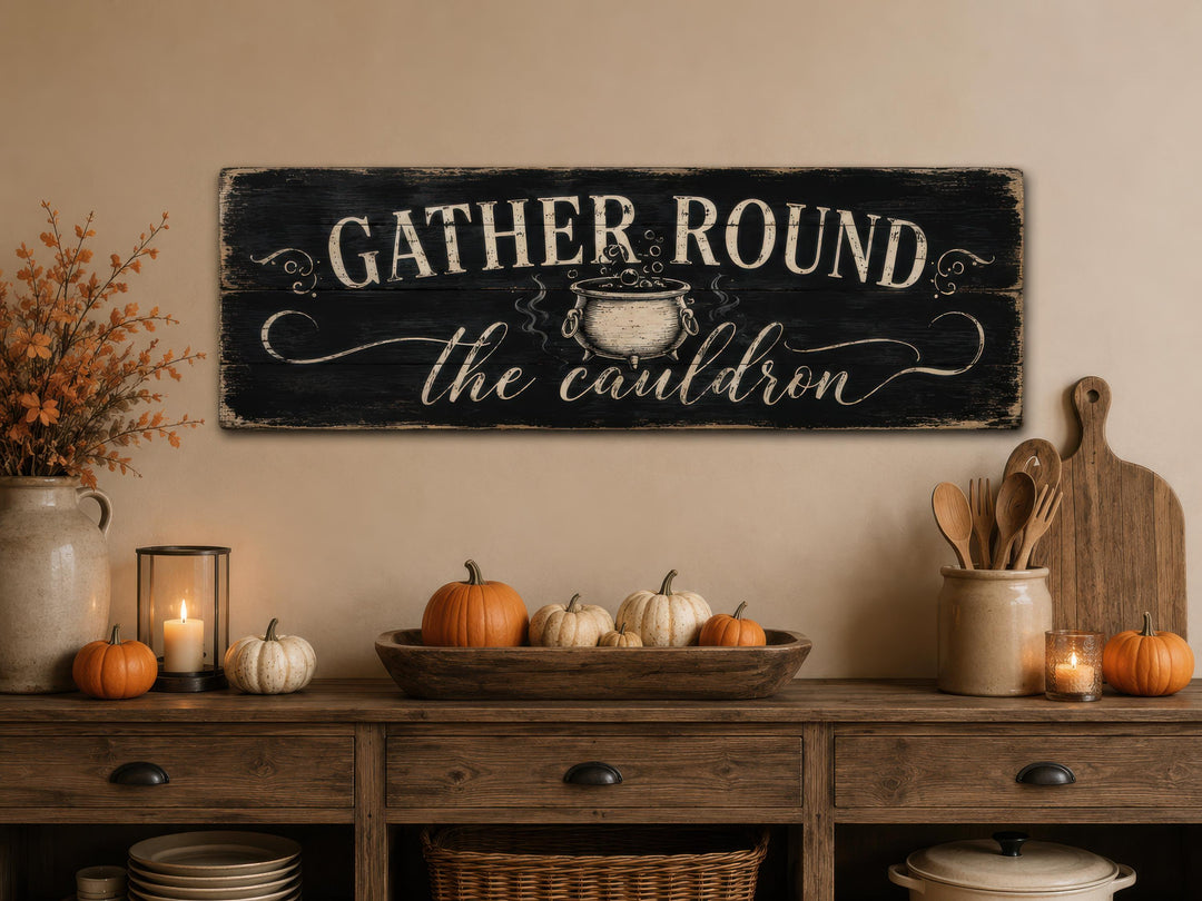 Rustic black wood sign with white text reading "GATHER ROUND the cauldron" above a pumpkin display.