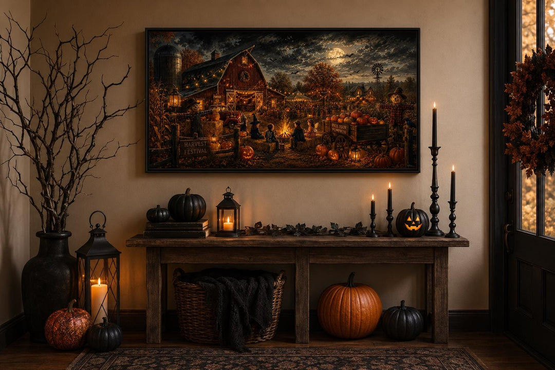 Harvest Festival canvas print showing costumed kids by a bonfire at a barn under a full moon.