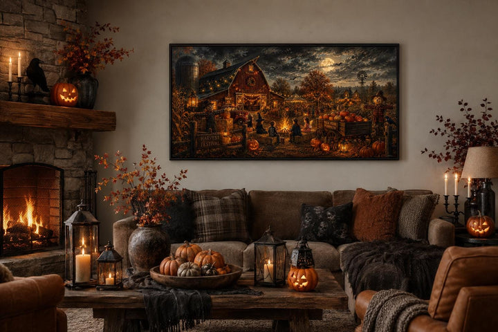 Harvest Festival canvas print above a fireplace in a cozy, pumpkin-decorated living room.