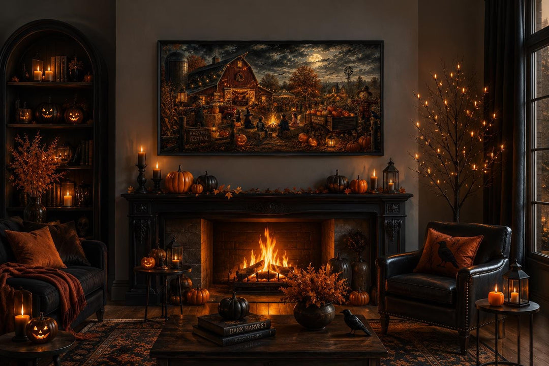 Harvest Festival canvas print above a fireplace in a cozy, pumpkin-decorated Halloween living room.