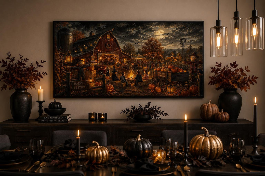 Harvest Festival canvas print featuring costumed kids around a bonfire in a festive autumn village.