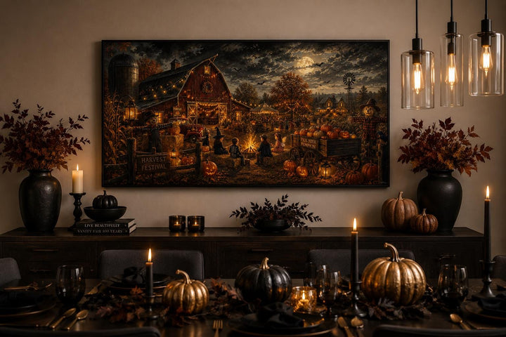 Harvest Festival canvas print featuring costumed kids around a bonfire in a festive autumn village.