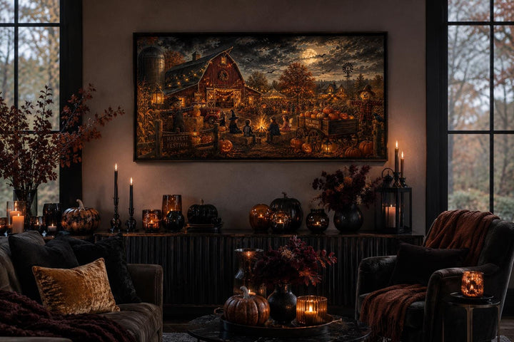 Harvest Festival canvas print showing a bonfire, costumed kids, and a barn under a full moon.