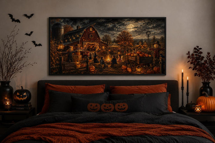 Harvest Festival canvas print above a bed with orange and black Halloween-themed bedding.