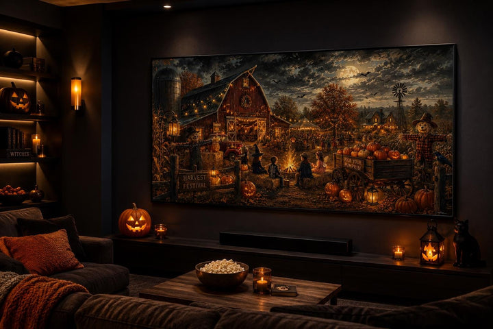 Harvest Festival canvas print showing costumed kids by a bonfire in a cozy Halloween village scene.