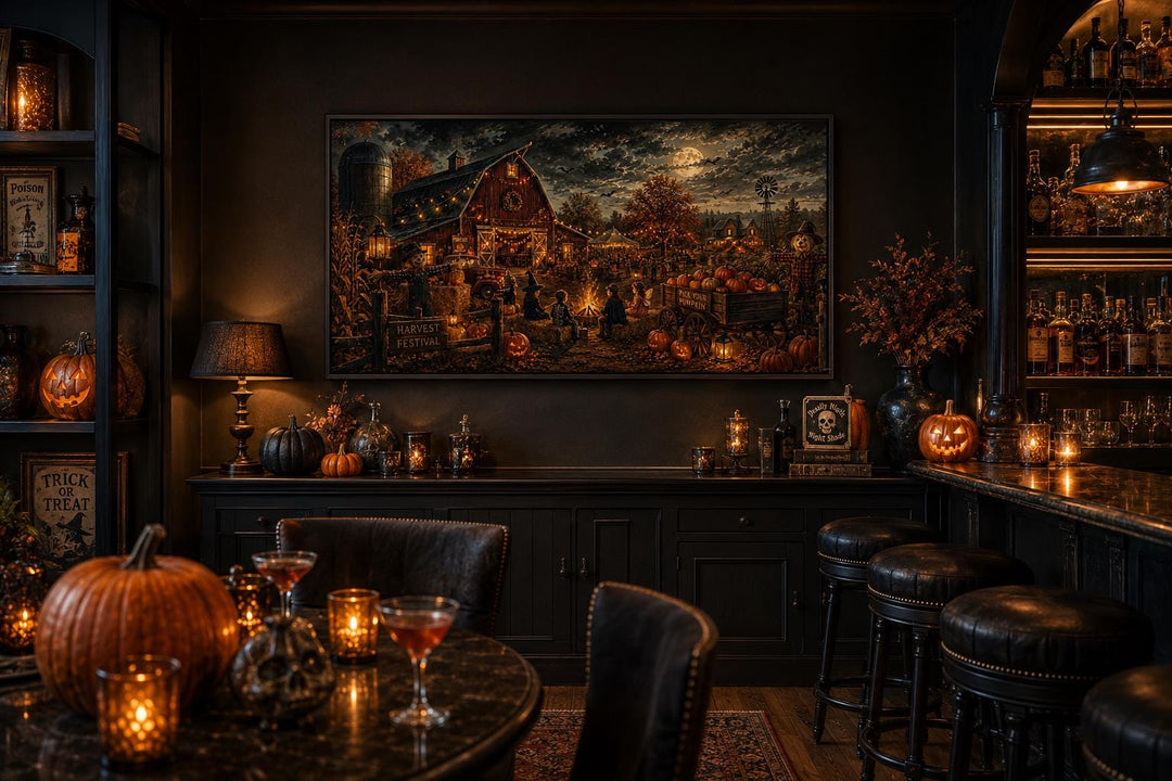 Harvest Festival canvas print showing kids around a bonfire in a dark, cozy Halloween-themed room.