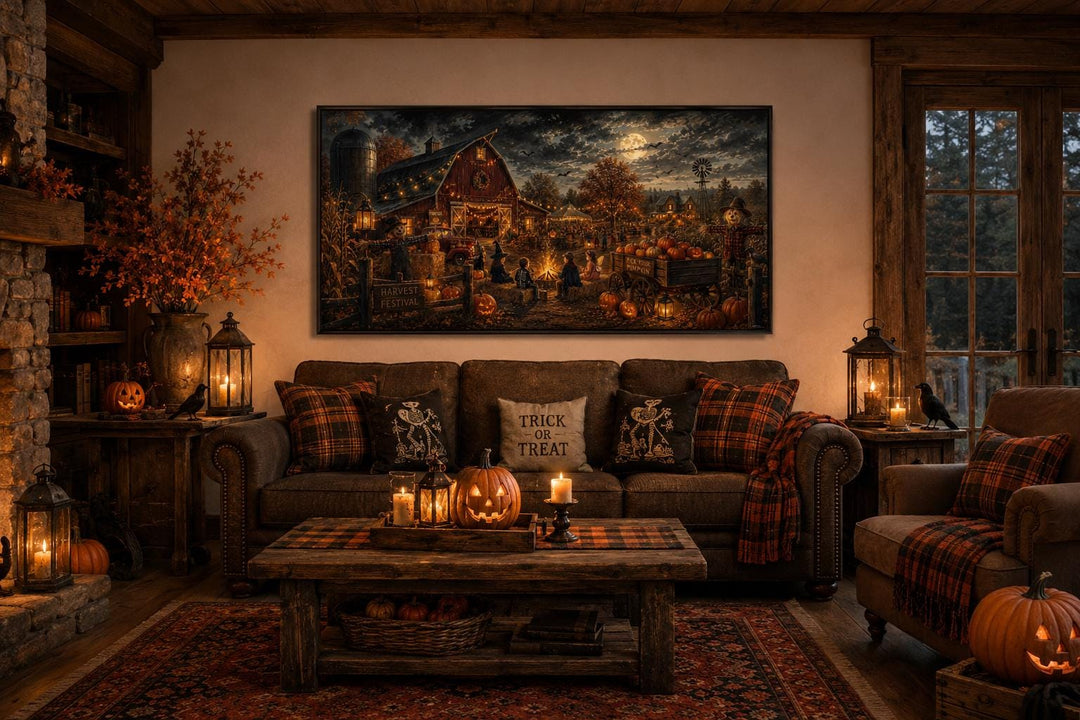 Harvest Festival canvas print showing kids in costumes by a bonfire in a rustic Halloween room.