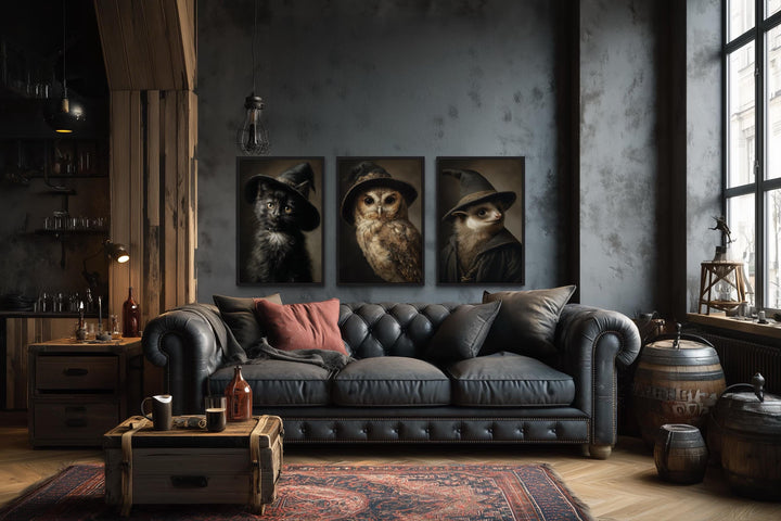 Halloween Wall Art Set of 3 – Gothic Black Cat, Owl, and Bat in Witch Hats