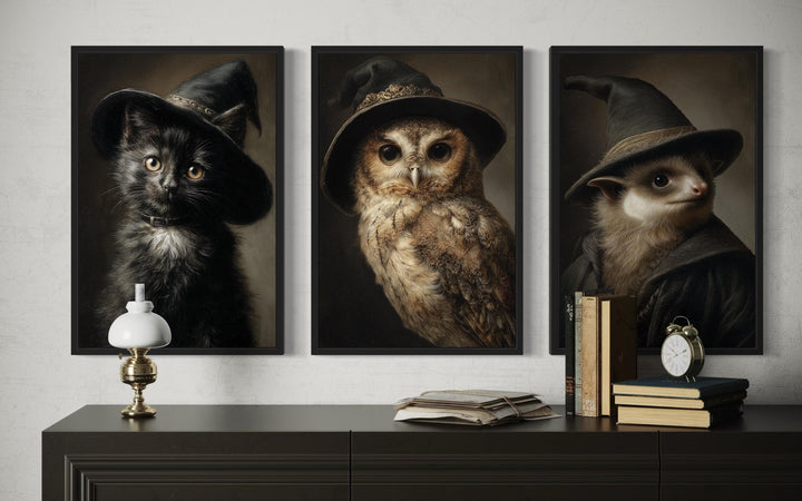 Halloween Wall Art Set of 3 – Gothic Black Cat, Owl, and Bat in Witch Hats