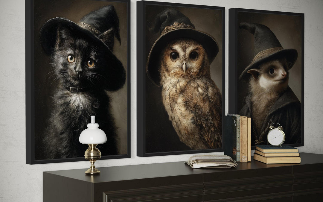Halloween Wall Art Set of 3 – Gothic Black Cat, Owl, and Bat in Witch Hats