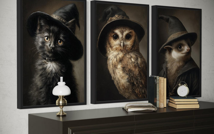 Halloween Wall Art Set of 3 – Gothic Black Cat, Owl, and Bat in Witch Hats