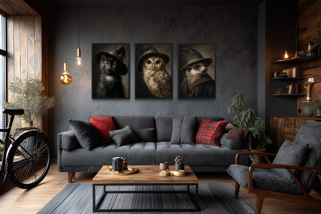 Halloween Wall Art Set of 3 – Gothic Black Cat, Owl, and Bat in Witch Hats