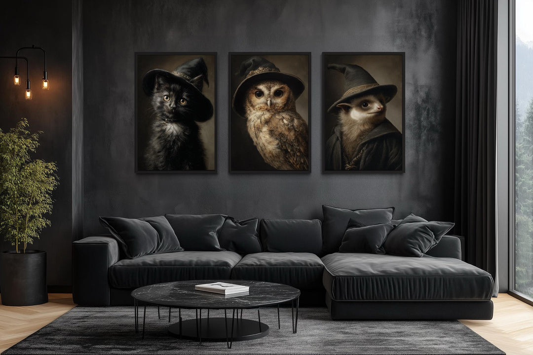 Halloween Wall Art Set of 3 – Gothic Black Cat, Owl, and Bat in Witch Hats