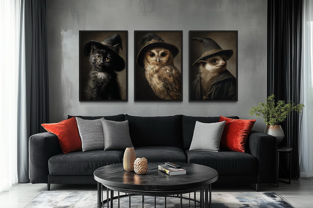 Halloween Wall Art Set of 3 – Gothic Black Cat, Owl, and Bat in Witch Hats