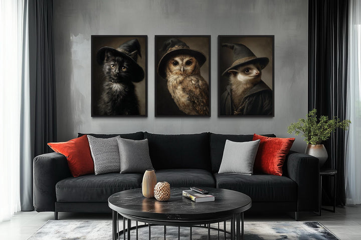 Halloween Wall Art Set of 3 – Gothic Black Cat, Owl, and Bat in Witch Hats