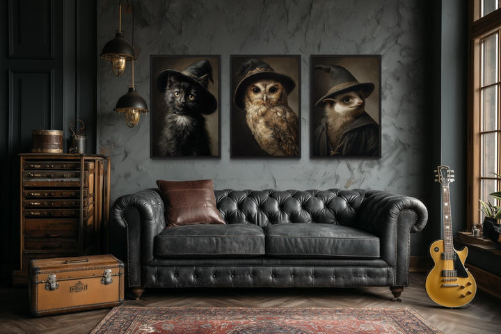 Halloween Wall Art Set of 3 – Gothic Black Cat, Owl, and Bat in Witch Hats