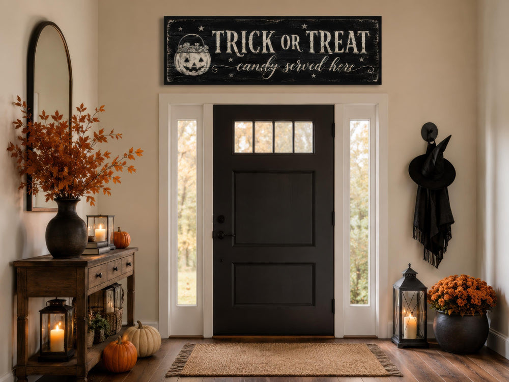 Vintage Trick or Treat sign on a black canvas hanging above a black front door in a fall entryway.
