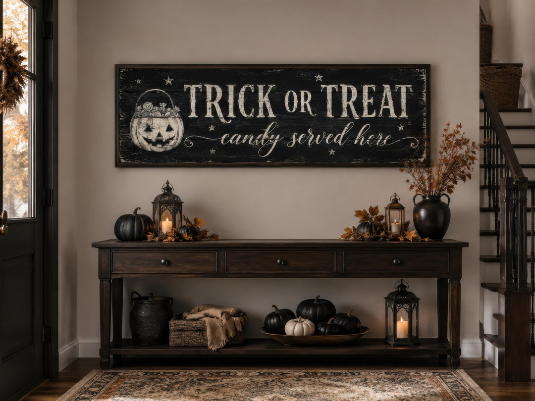 Vintage Trick or Treat sign on a black canvas above a decorated console table with pumpkins.