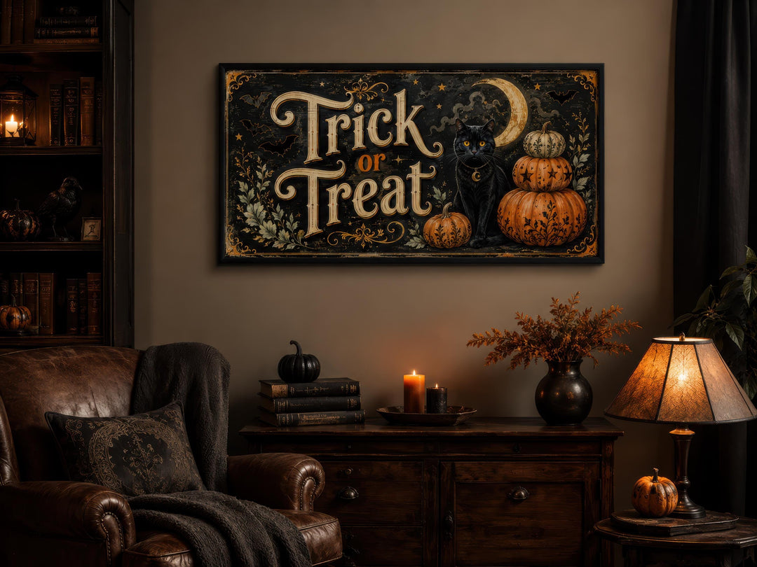 Vintage Trick or Treat canvas print with a black cat, pumpkins, and gold lettering on a dark wall.