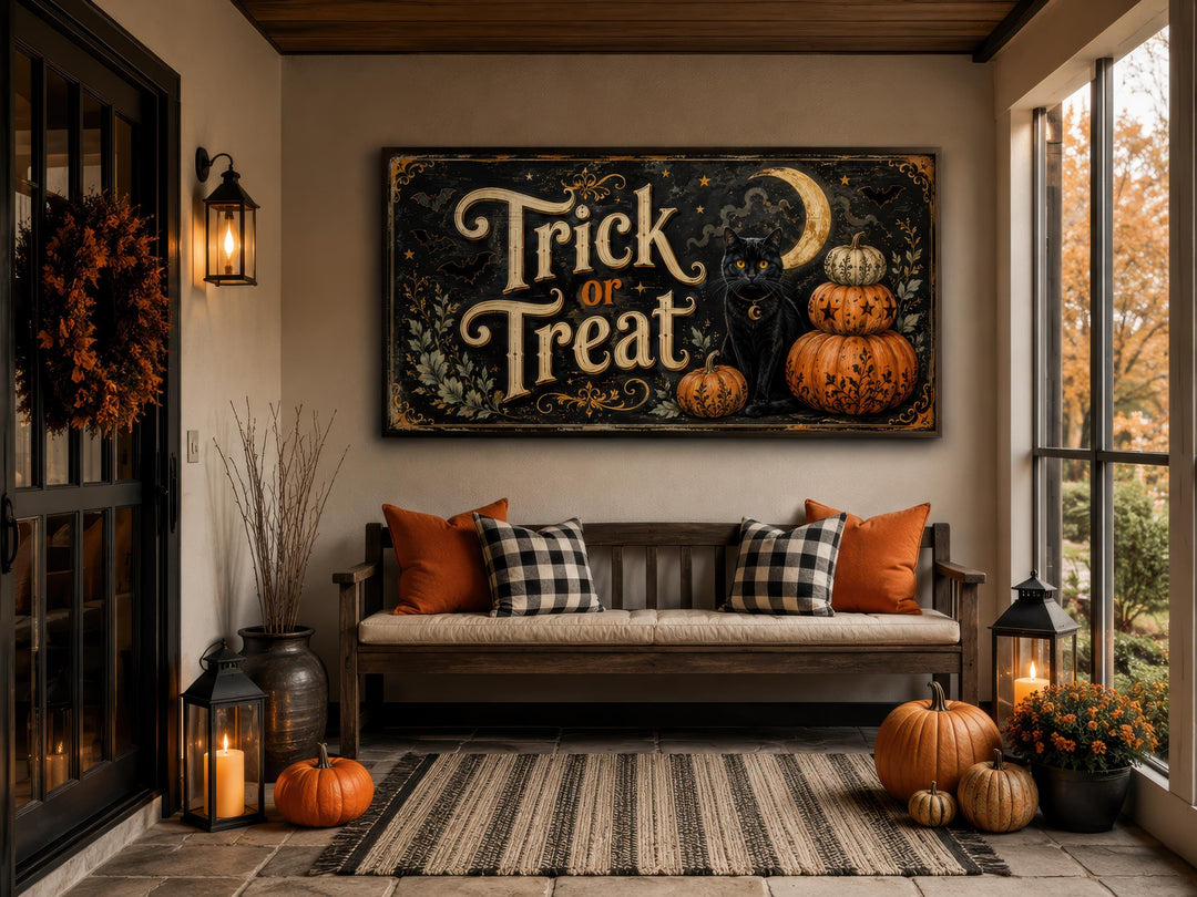 Vintage Trick or Treat wall art with a black cat and pumpkins on a canvas print above a bench.