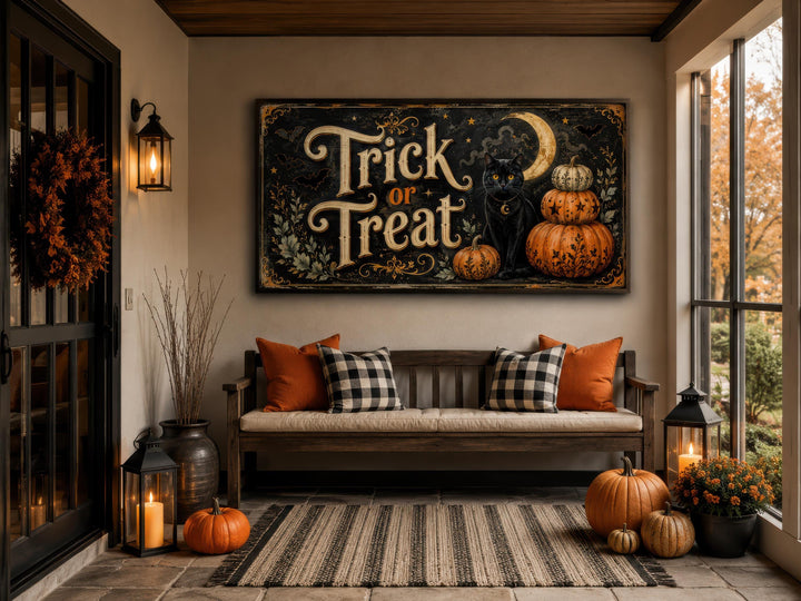 Vintage Trick or Treat wall art with a black cat and pumpkins on a canvas print above a bench.