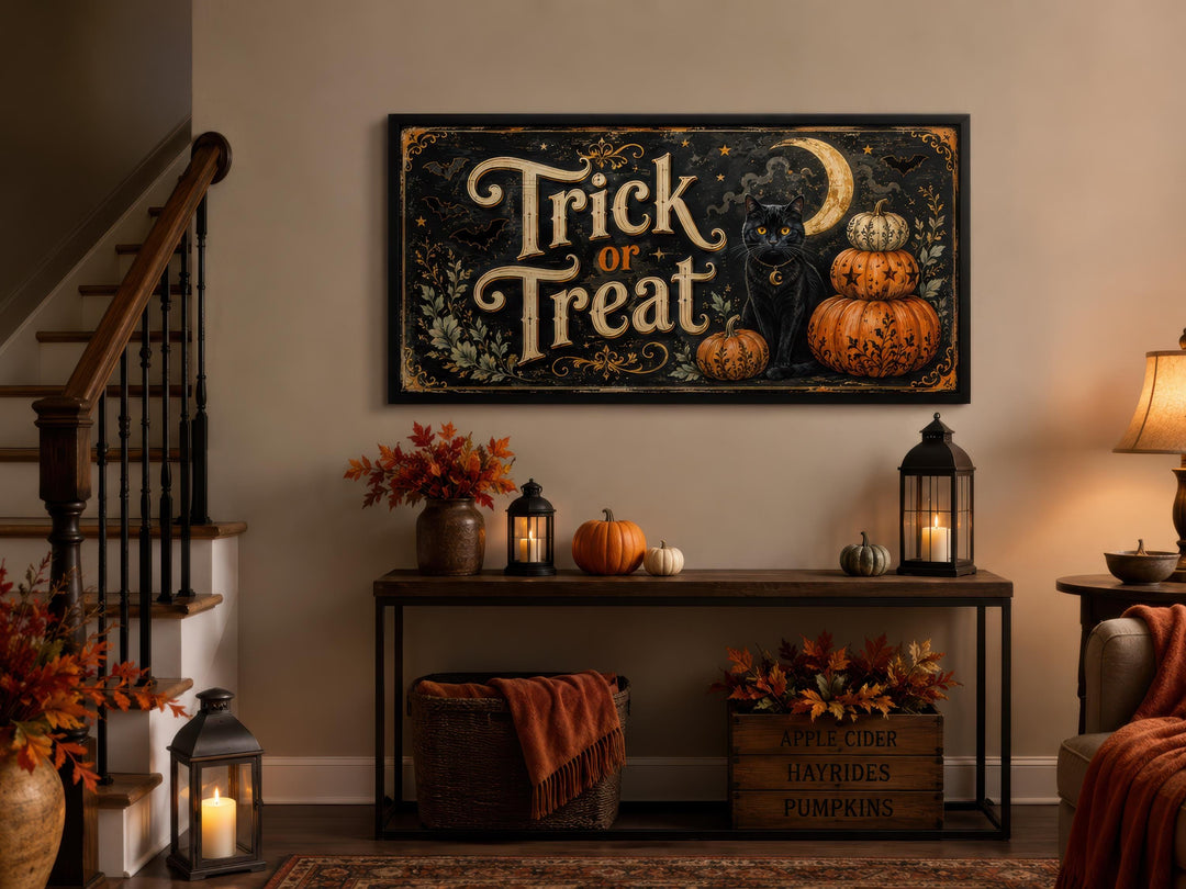 Vintage Trick or Treat canvas wall art with a black cat and pumpkins above a decorated console table