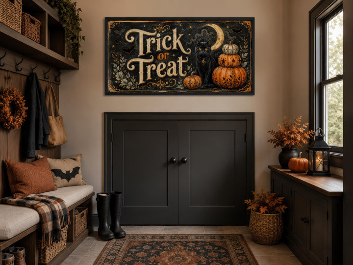 Vintage Trick or Treat canvas wall art with a black cat and pumpkins in a cozy entryway.