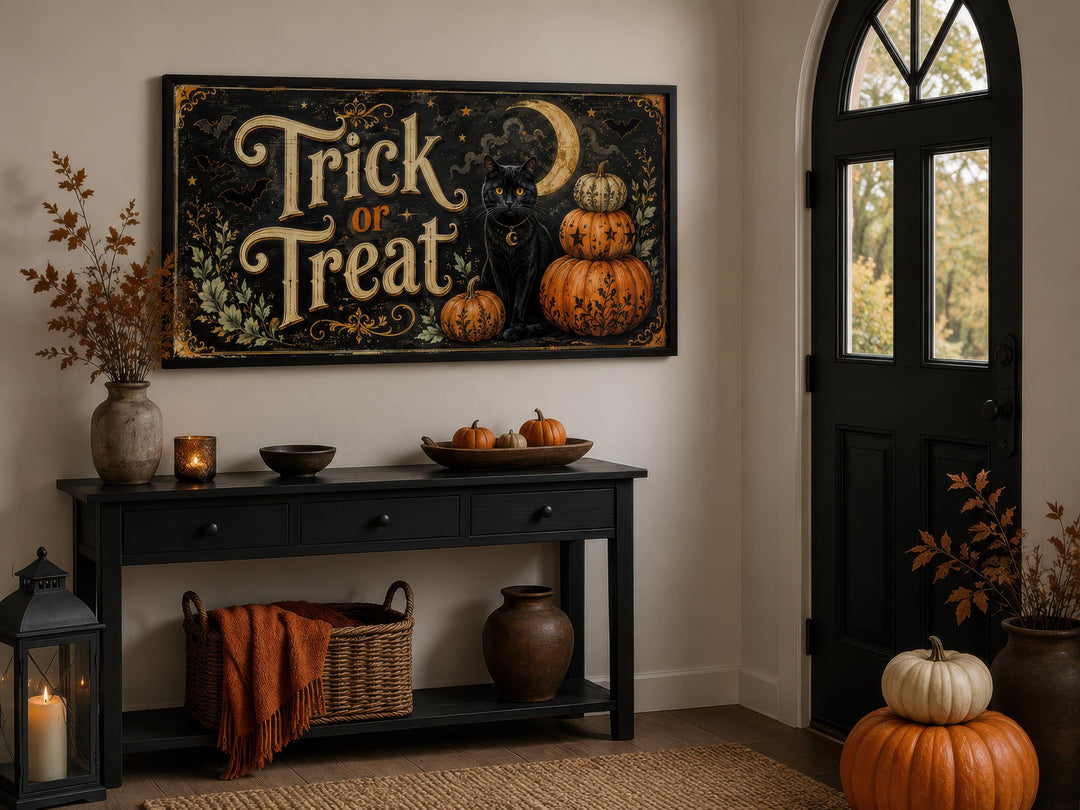 Vintage Trick or Treat wall art with a black cat and pumpkins above a black entryway console table.