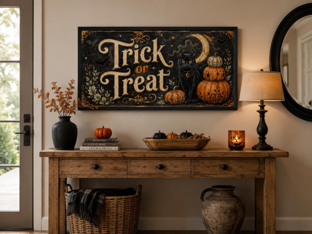 Vintage Trick or Treat wall art with a black cat and pumpkins above a decorated console table.