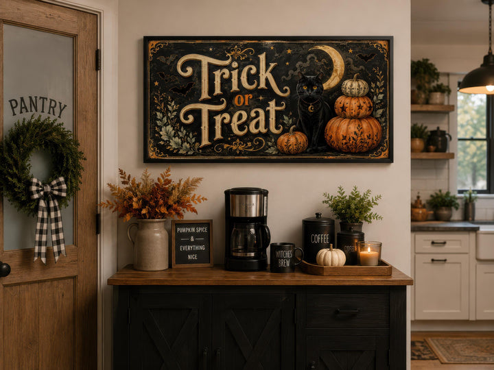 Vintage Trick or Treat canvas print with a black cat and pumpkins above a coffee station.