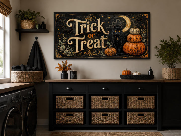 Vintage Trick or Treat canvas wall art with a black cat and pumpkins above a laundry room counter.