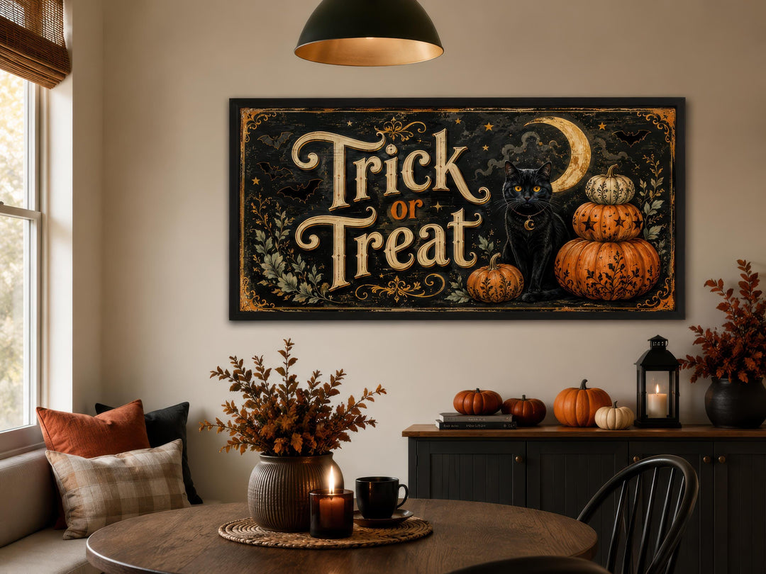 Vintage Trick or Treat canvas wall art with a black cat and pumpkins in a cozy dining room.